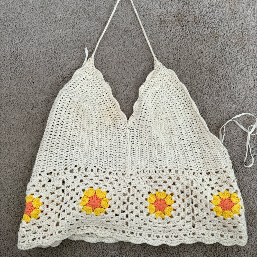 Crochet Halter Top - Cream with Yellow and Orange Accents